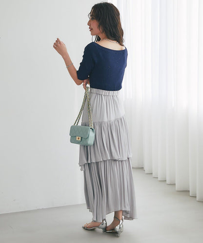 【復刻・新色黃色登場】亮片羅紋一字肩五分袖針織衫