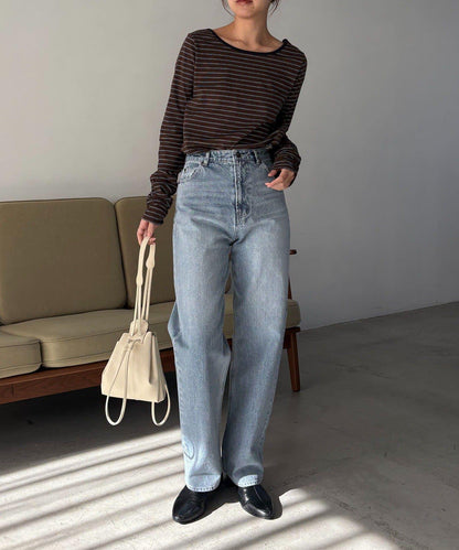 後背U領短款條紋T恤