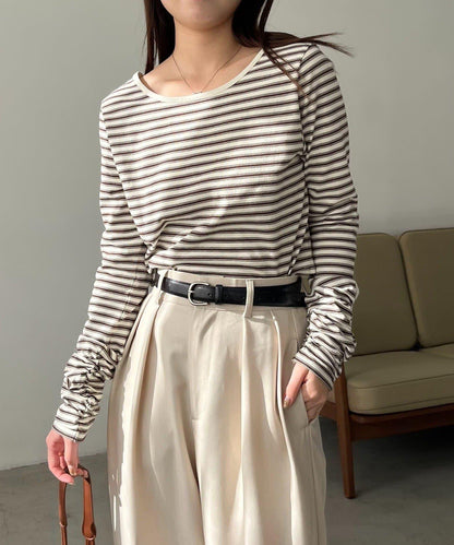 後背U領短款條紋T恤