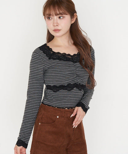 帶胸墊蕾絲長袖T恤