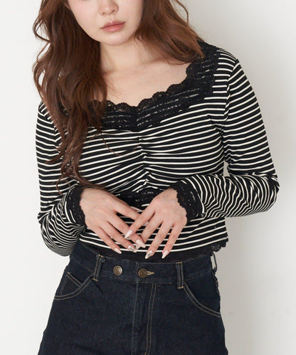 帶胸墊蕾絲長袖T恤