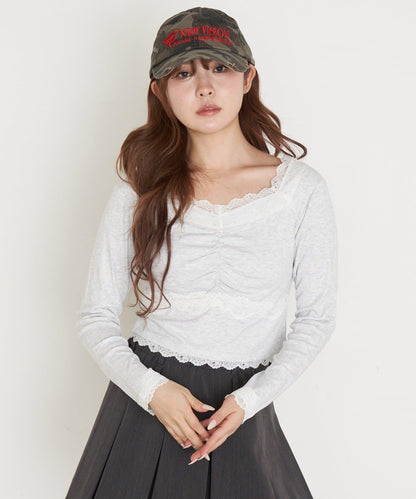 帶胸墊蕾絲長袖T恤