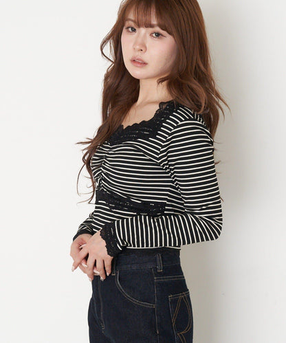 帶胸墊蕾絲長袖T恤