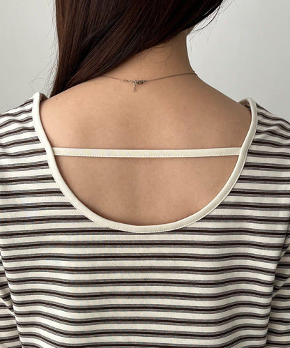 後背U領短款條紋T恤