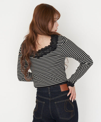 帶胸墊蕾絲長袖T恤