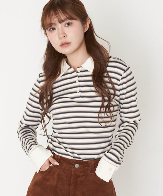 多色條紋胸部刺繡修身POLO衫