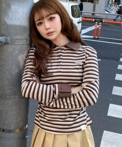 多色條紋胸部刺繡修身POLO衫