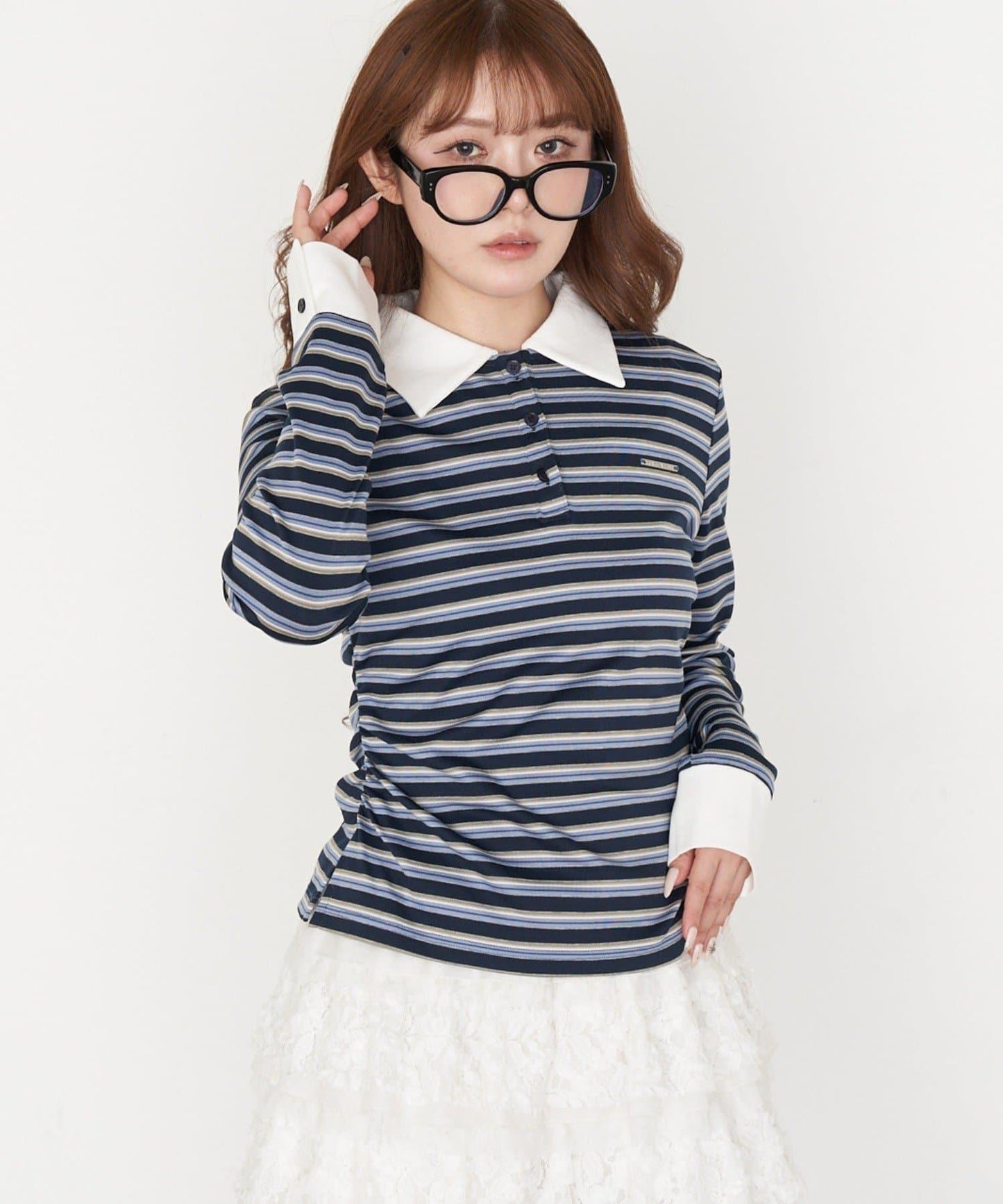 多色條紋胸部刺繡修身POLO衫