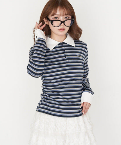 多色條紋胸部刺繡修身POLO衫
