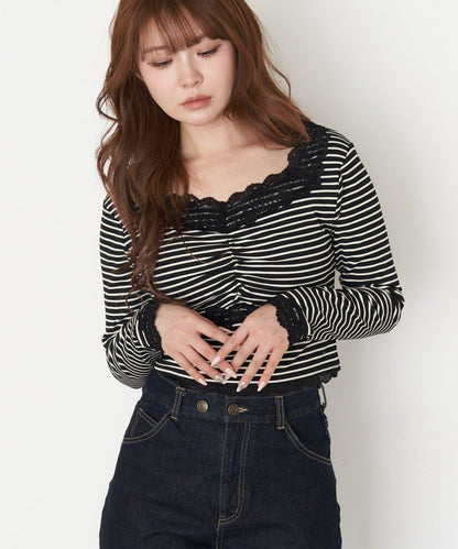 帶胸墊蕾絲長袖T恤