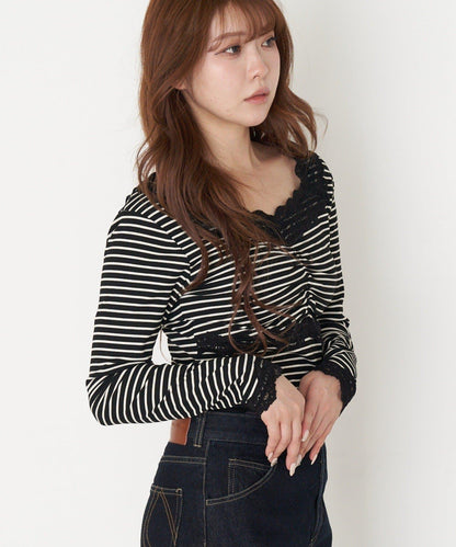 帶胸墊蕾絲長袖T恤