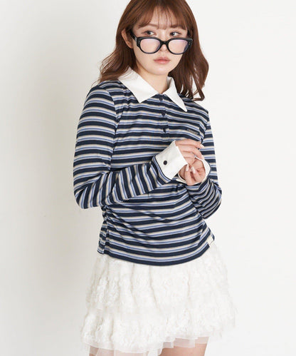 多色條紋胸部刺繡修身POLO衫