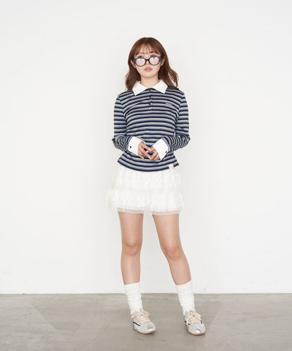 多色條紋胸部刺繡修身POLO衫