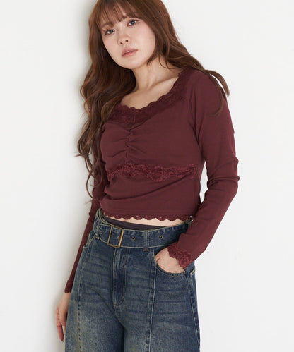 帶胸墊蕾絲長袖T恤