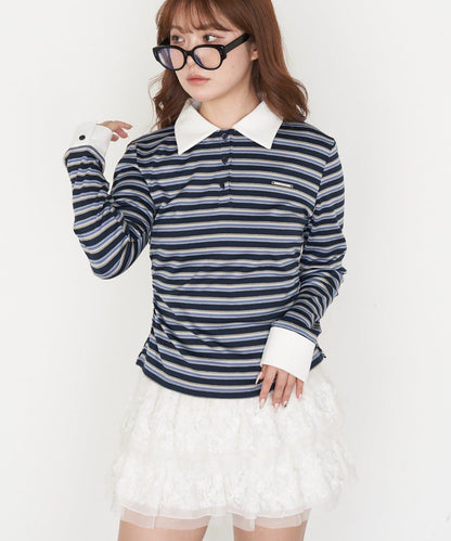 多色條紋胸部刺繡修身POLO衫