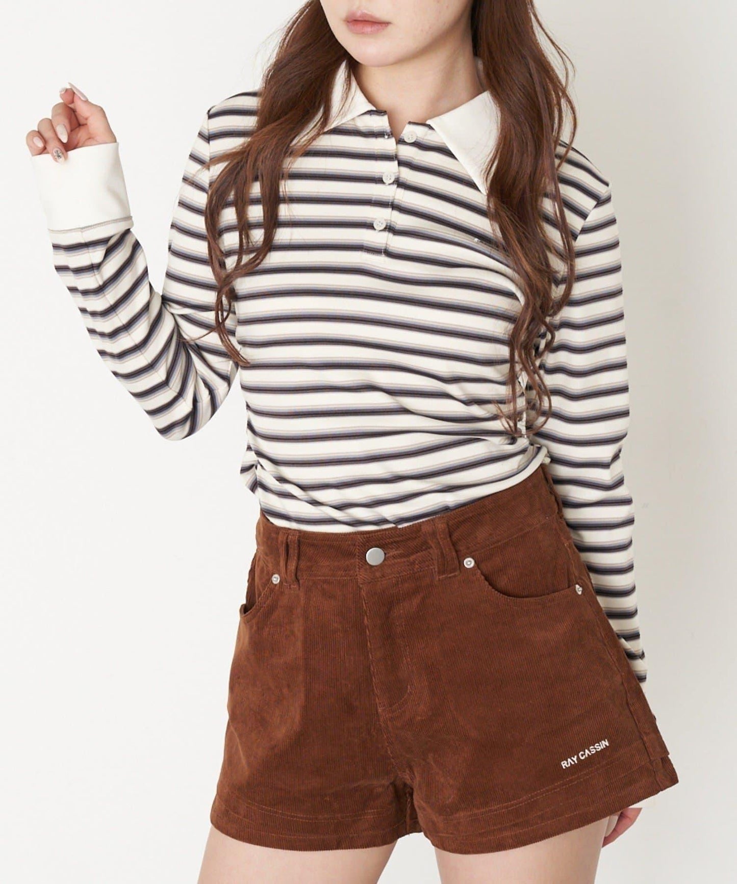 多色條紋胸部刺繡修身POLO衫