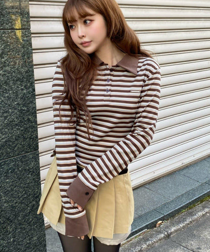 多色條紋胸部刺繡修身POLO衫