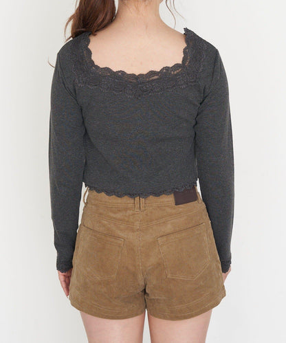 帶胸墊蕾絲長袖T恤