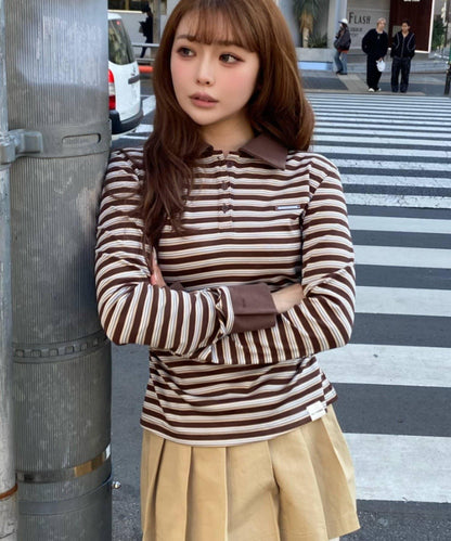 多色條紋胸部刺繡修身POLO衫