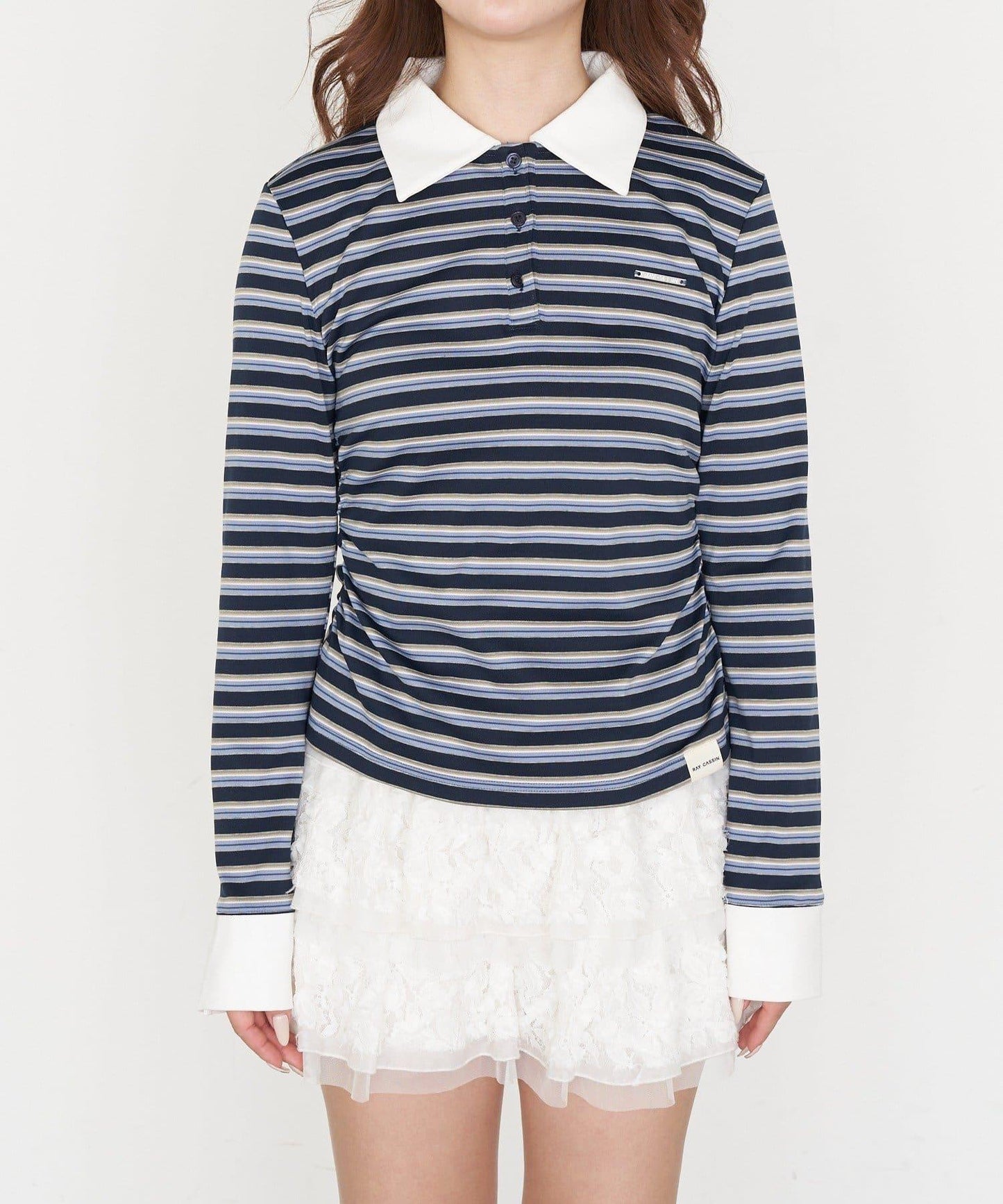 多色條紋胸部刺繡修身POLO衫