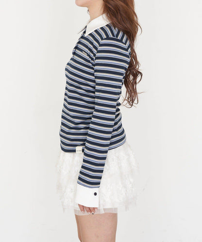 多色條紋胸部刺繡修身POLO衫