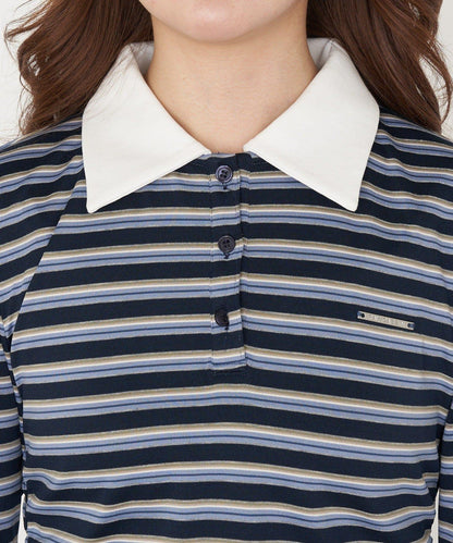 多色條紋胸部刺繡修身POLO衫