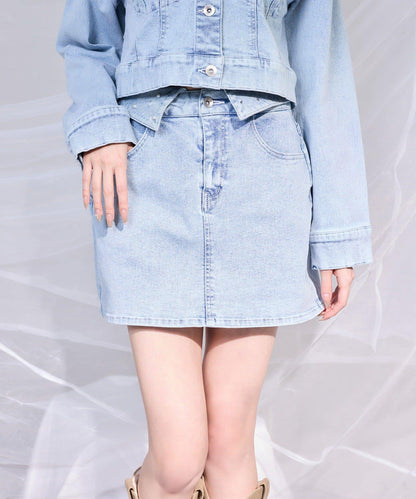 高腰翻邊牛仔迷你裙