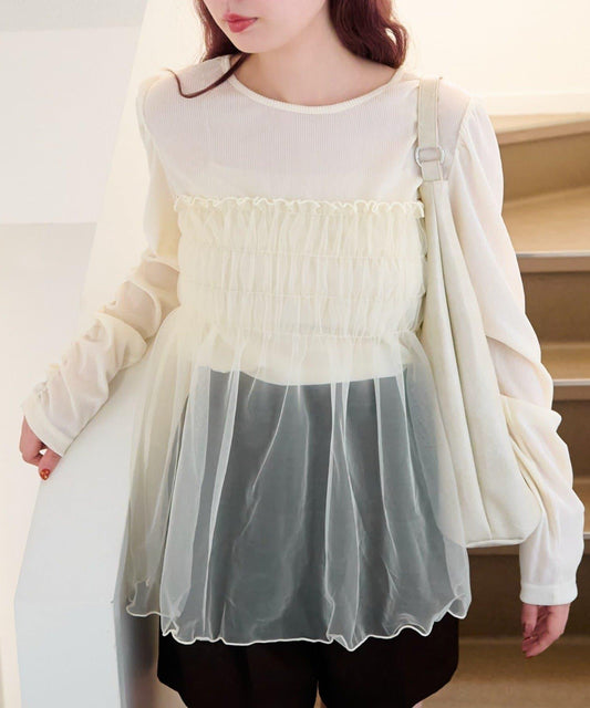 拼接網紗套頭衫