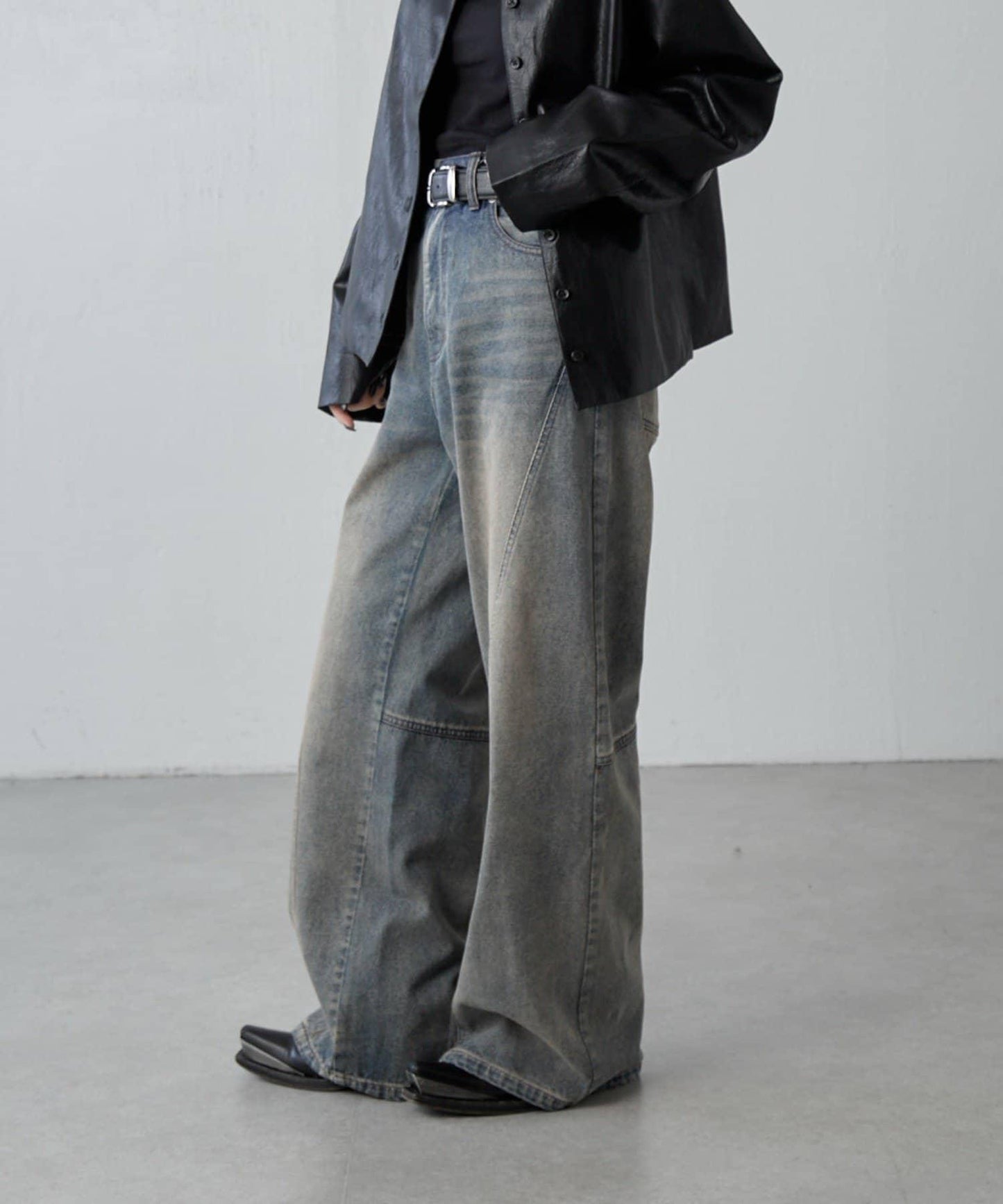 拼接設計寬鬆牛仔褲