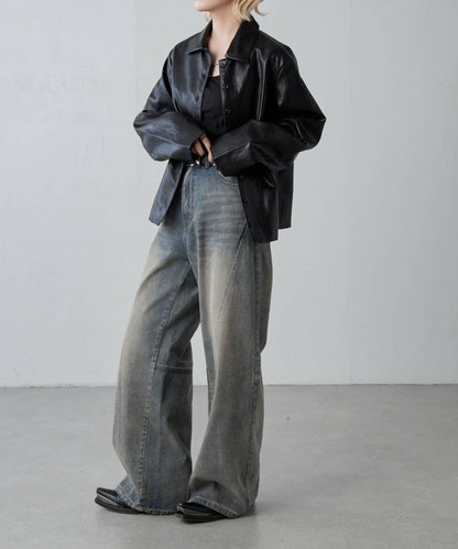 拼接設計寬鬆牛仔褲