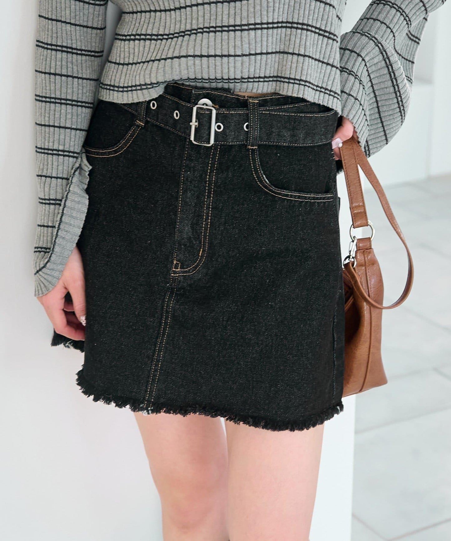 腰帶牛仔迷你裙