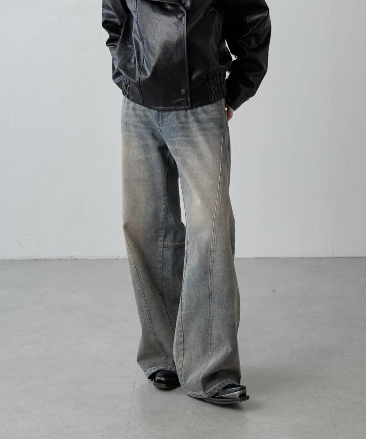 拼接設計寬鬆牛仔褲