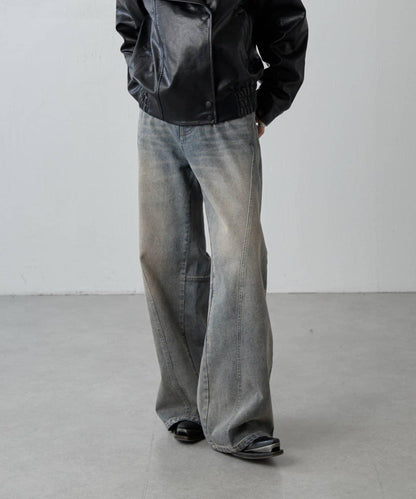 拼接設計寬鬆牛仔褲