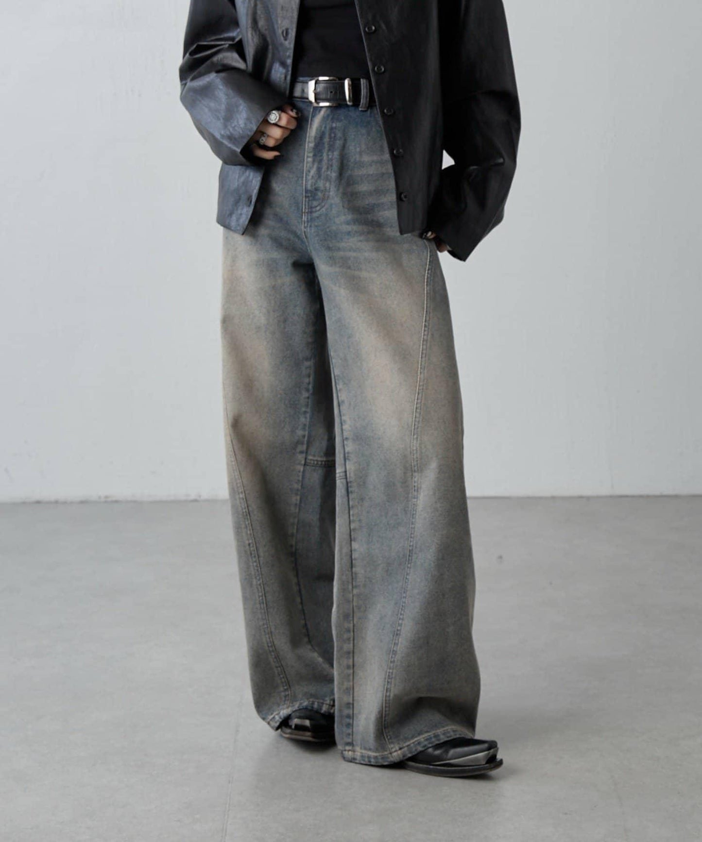 拼接設計寬鬆牛仔褲