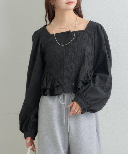 提花下襬荷葉邊襯衫