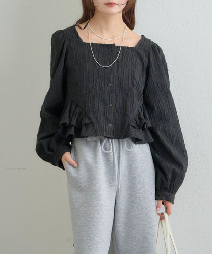 提花下襬荷葉邊襯衫