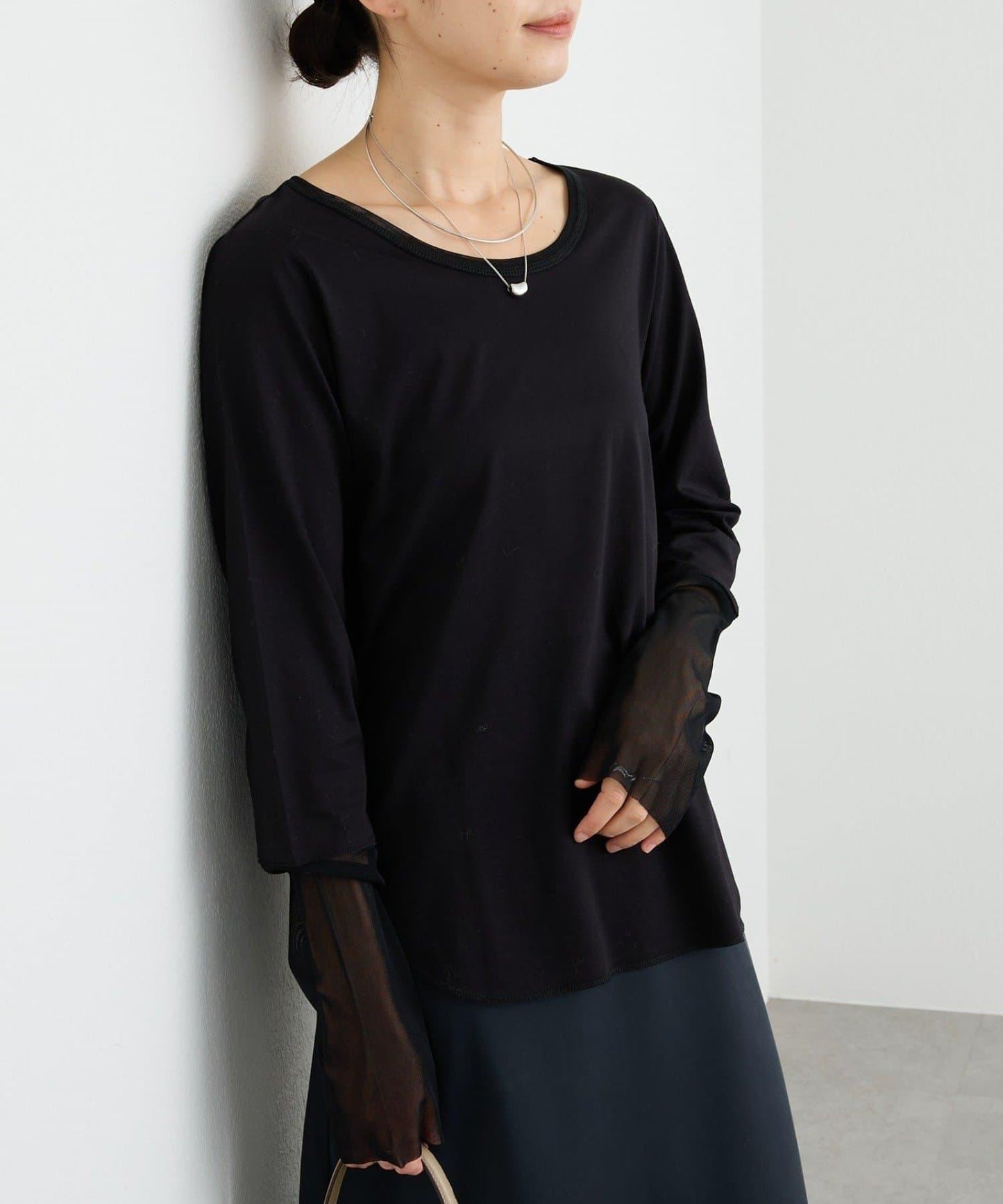 【袖口網紗點綴】拼接網紗長袖T恤/預計2月上旬發貨