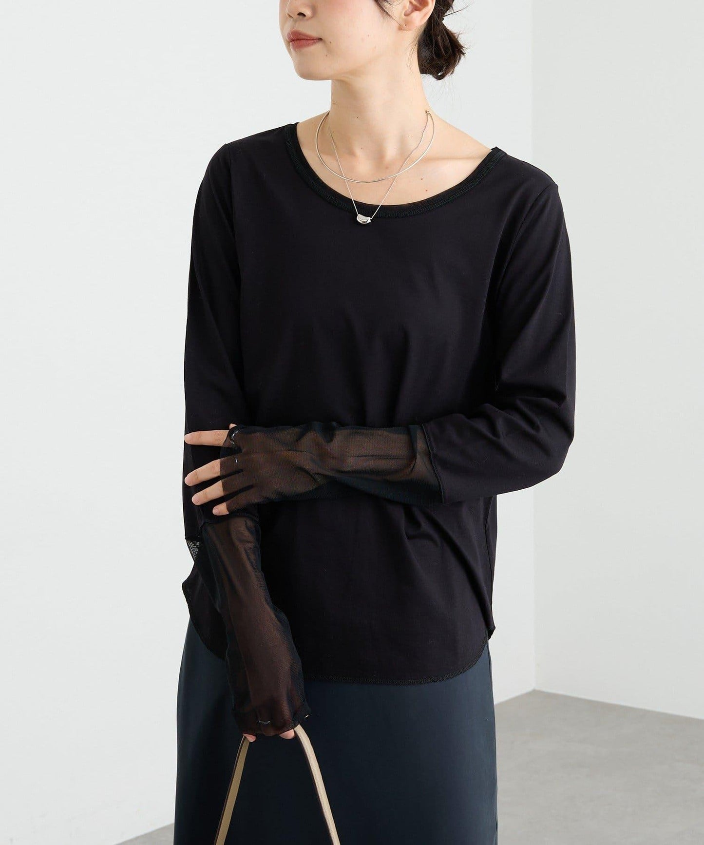 【袖口網紗點綴】拼接網紗長袖T恤/預計2月上旬發貨