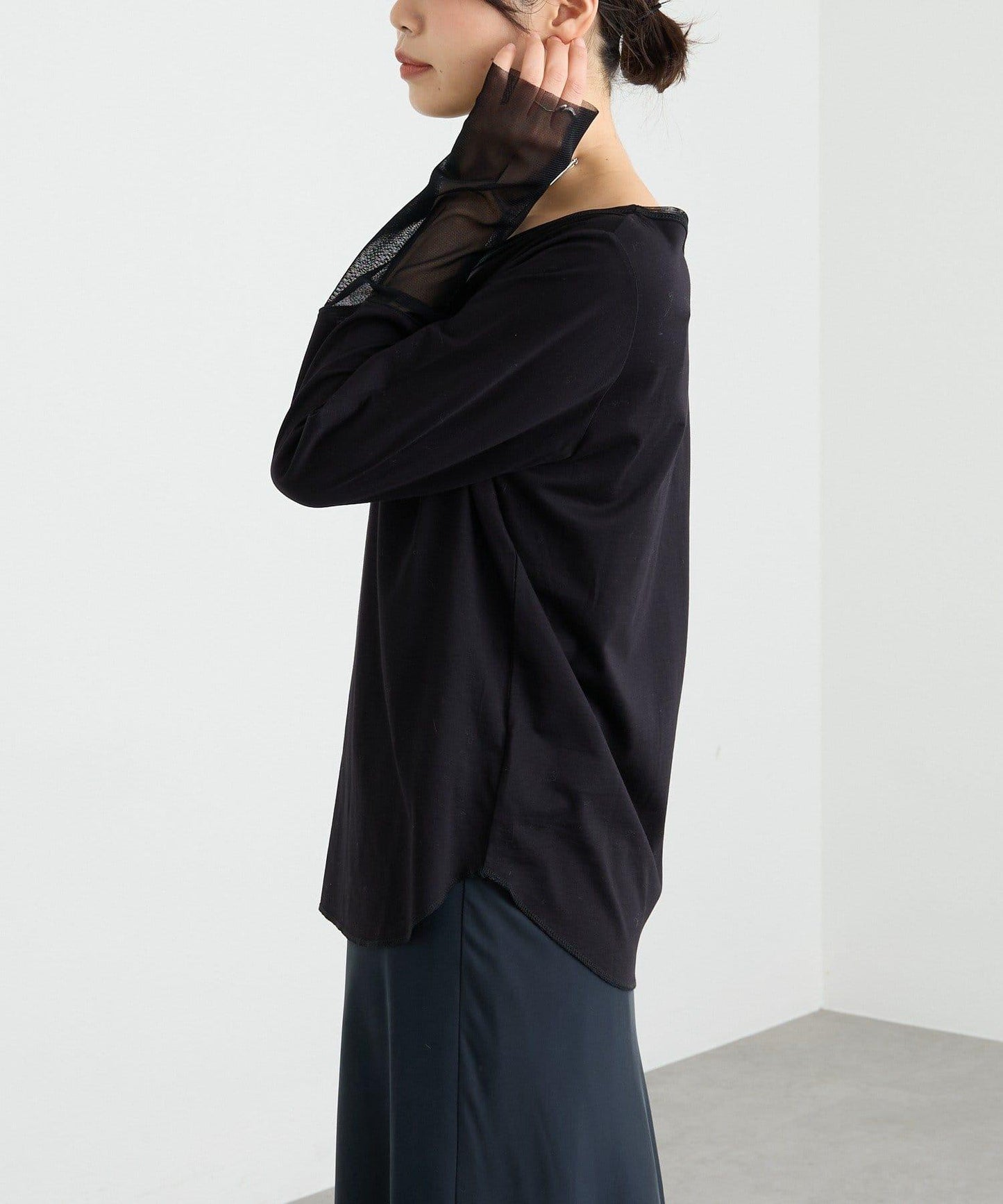 【袖口網紗點綴】拼接網紗長袖T恤/預計2月上旬發貨