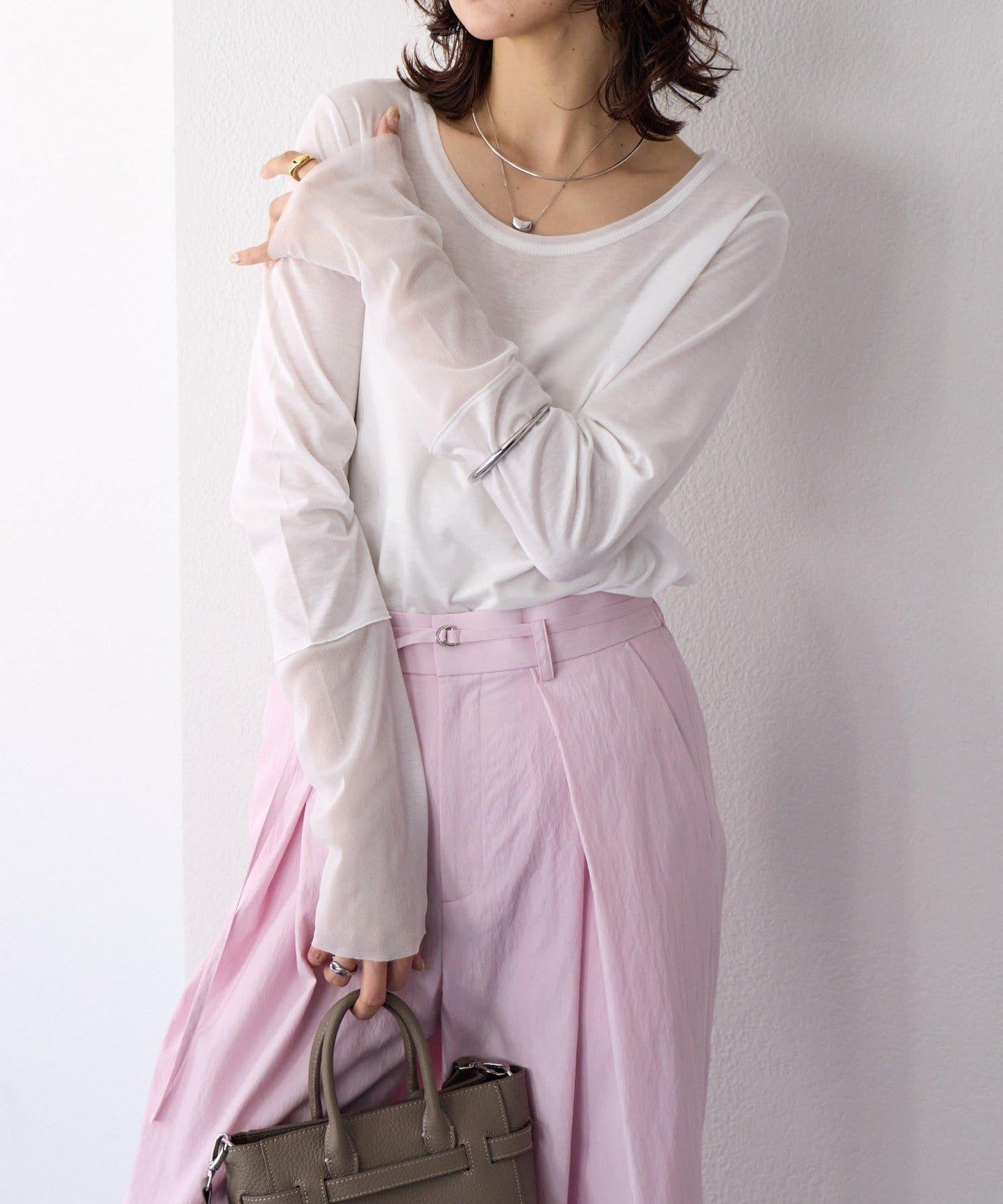 【袖口網紗點綴】拼接網紗長袖T恤/預計2月上旬發貨