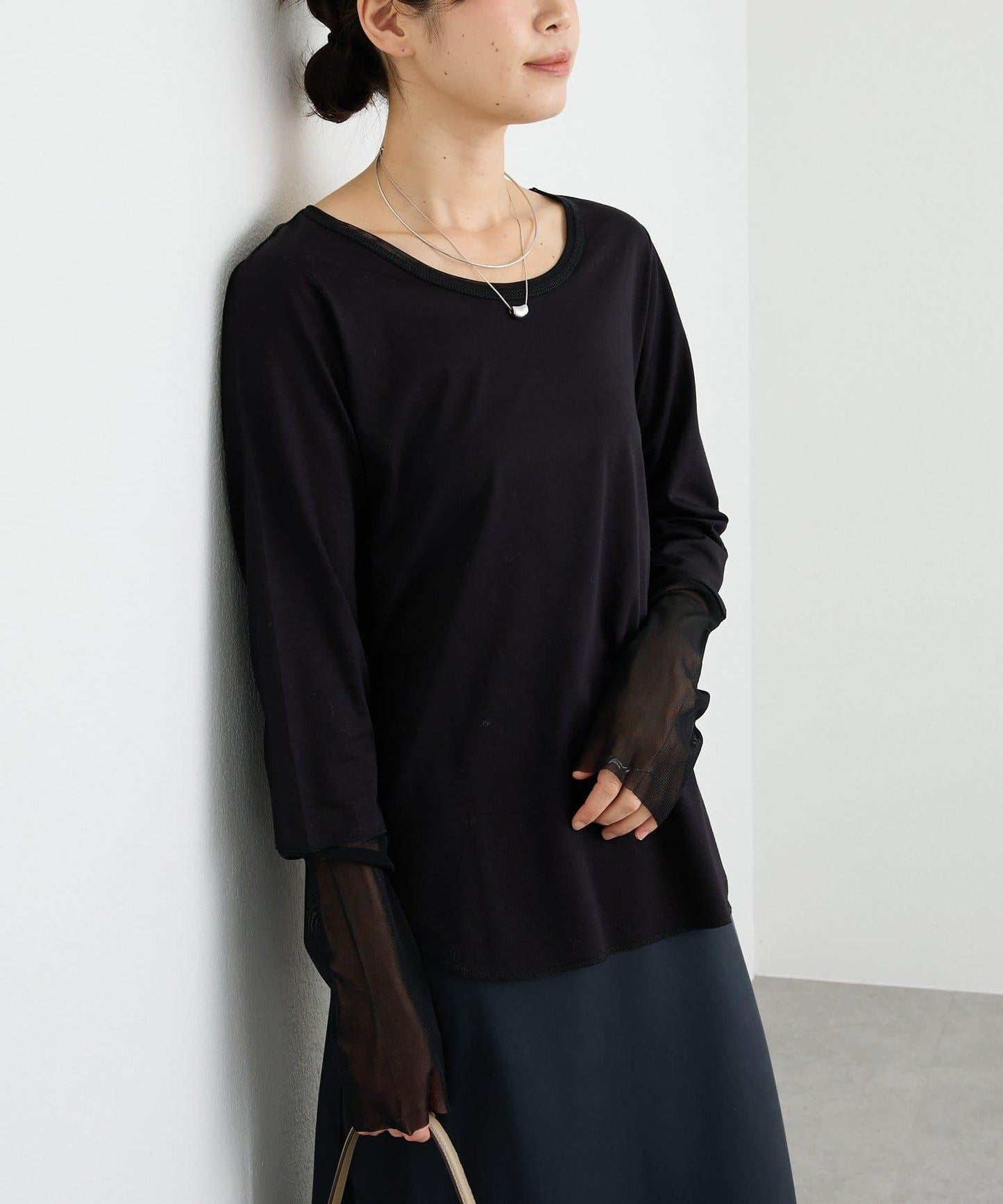 【袖口網紗點綴】拼接網紗長袖T恤/預計2月上旬發貨