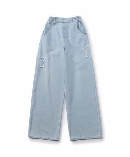 拼色牛仔寬腿褲