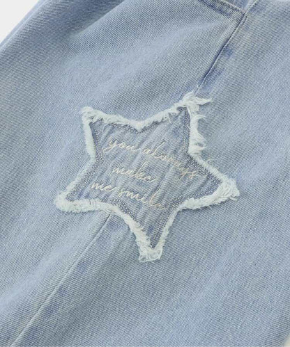 拼色牛仔寬腿褲