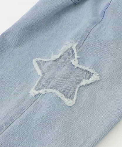 拼色牛仔寬腿褲