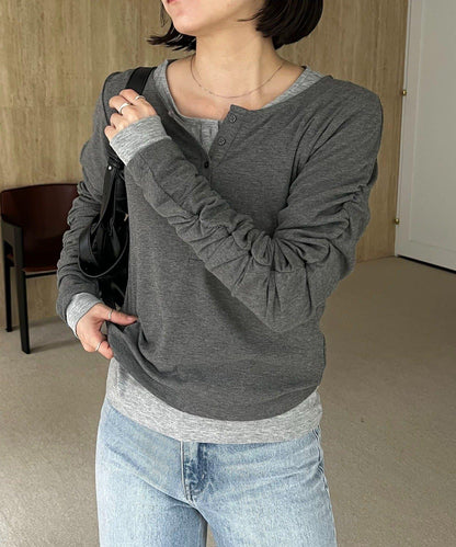 內搭SET 袖部抽褶 亨利領 T恤