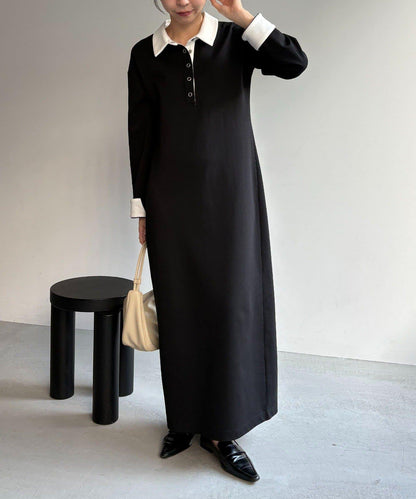 含低身高尺碼 C.L 拼色Polo領針織連衣裙