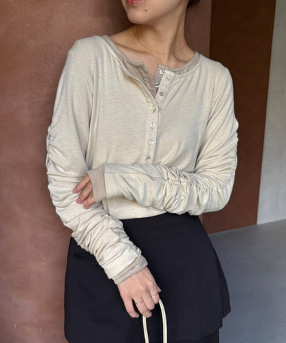 內搭SET 袖部抽褶 亨利領 T恤