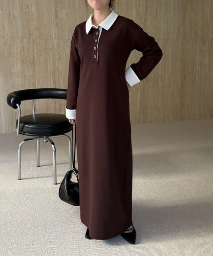 含低身高尺碼 C.L 拼色Polo領針織連衣裙