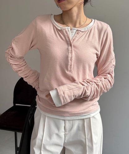 內搭SET 袖部抽褶 亨利領 T恤