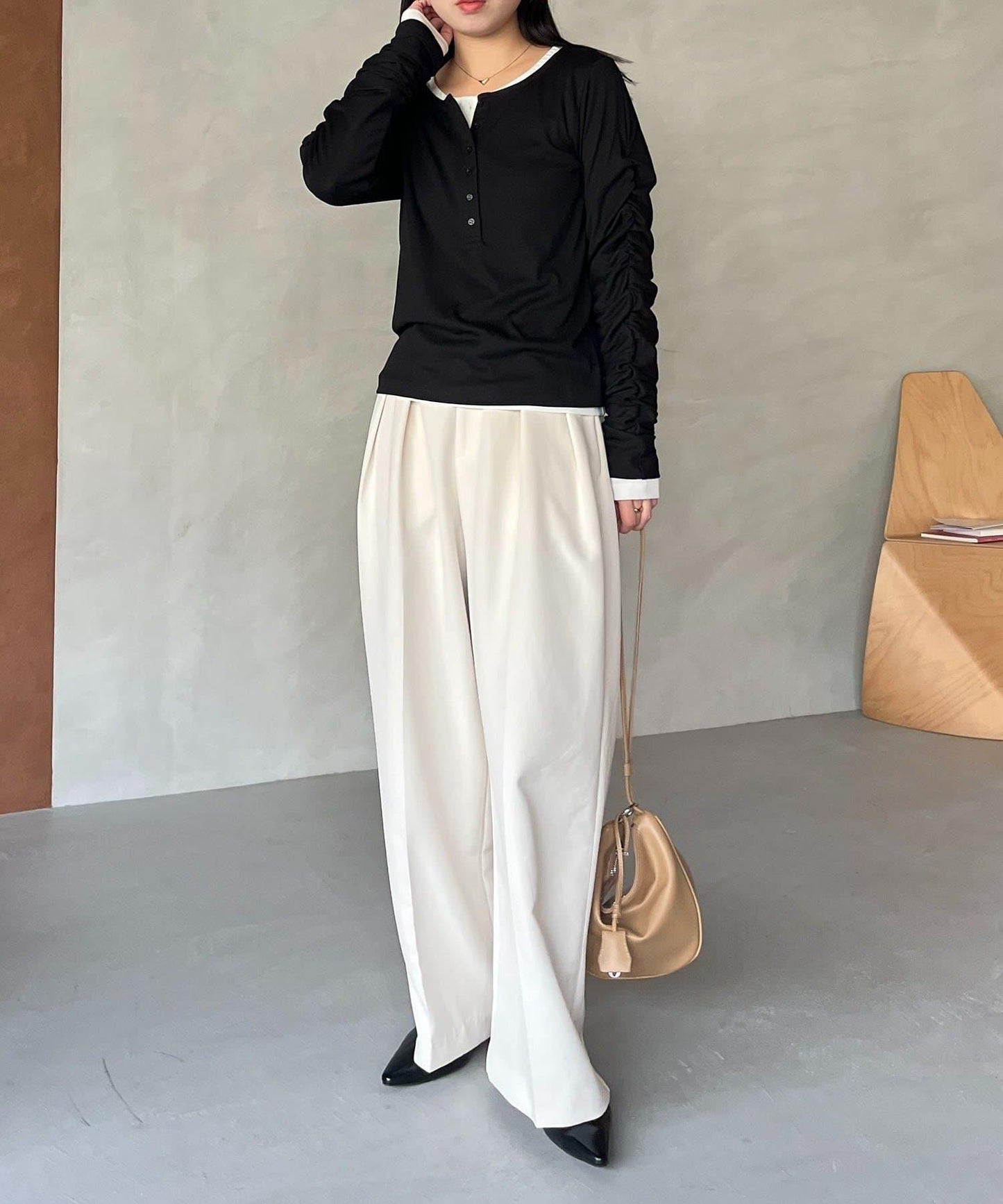 內搭SET 袖部抽褶 亨利領 T恤